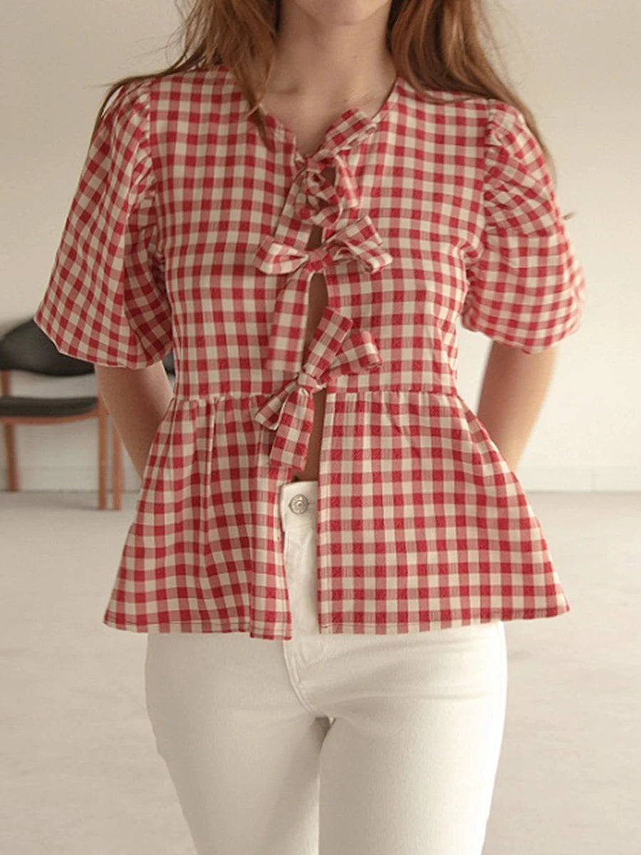 Fashion Women Y2k Peplum Shirt Puff Short Sleeve Lace Up Bow Blouse Tie Open Front Ruffle Hem Blouses Tops Streetwear