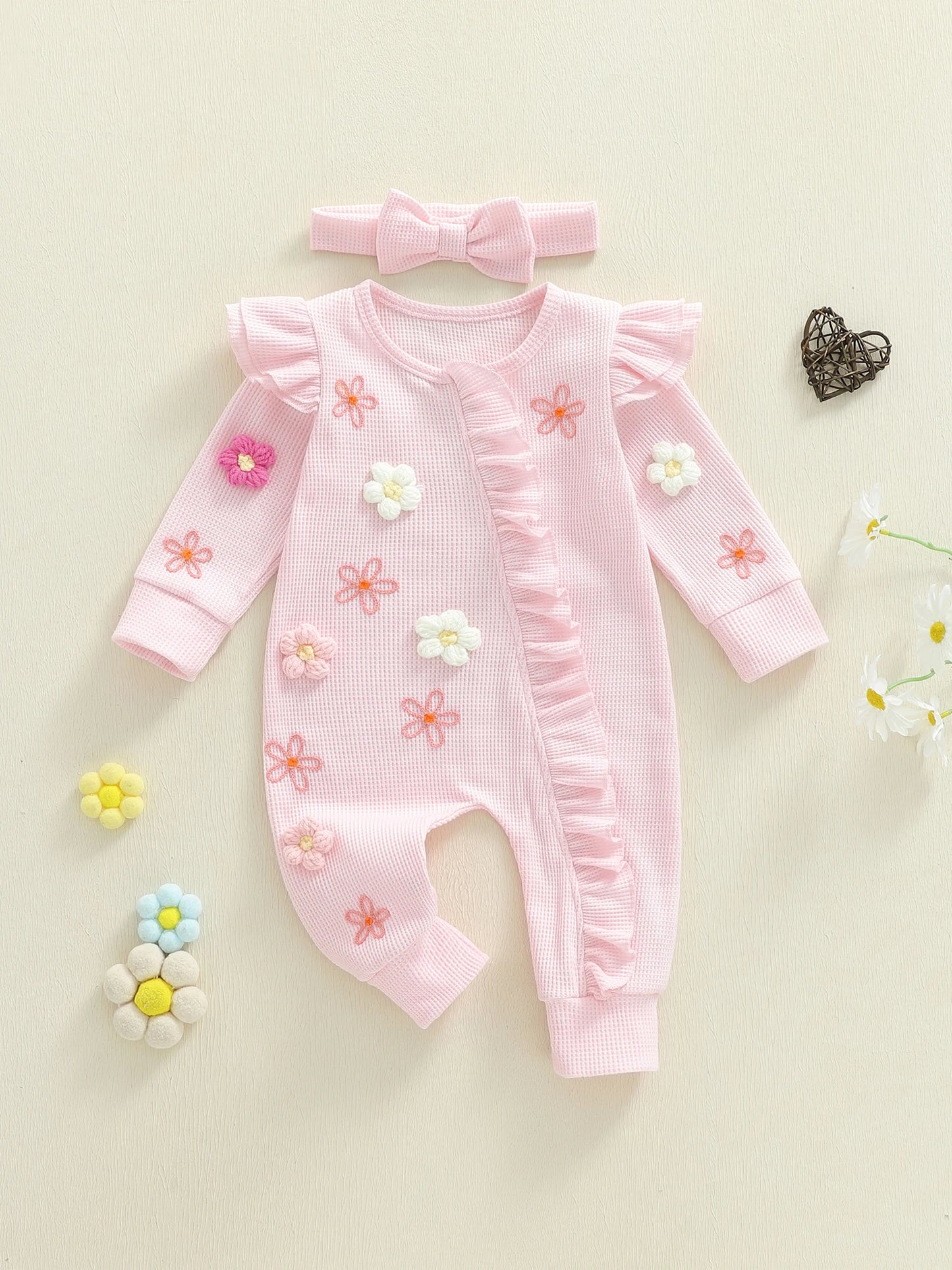 Toddler Girl 2-Piece Autumn Clothes Set Long Sleeve Round Neck Floral Print Romper with Matching Headband Outfit