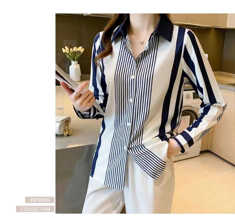 Women's Shirt Blue Striped Blouses for Women Long Sleeve Top Women Button Up Polo Neck Clothes Female 2023 Fashion Leisure Shirt