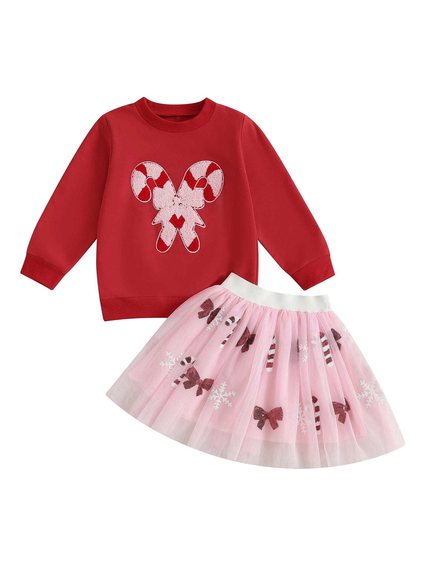 Adorable Infant Girl Outfit Long Sleeve Candy Cane Embroidery Sweatshirt with Tutu Skirt Set - Perfect for Christmas
