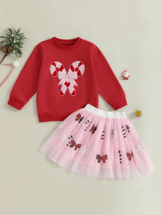 Adorable Infant Girl Outfit Long Sleeve Candy Cane Embroidery Sweatshirt with Tutu Skirt Set - Perfect for Christmas