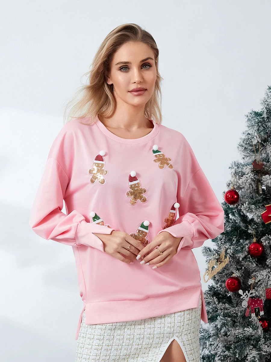 Women’s Crewneck Sweatshirt Loose Santa Claus Sequins Print Long Lantern Sleeve Tops for Christmas
