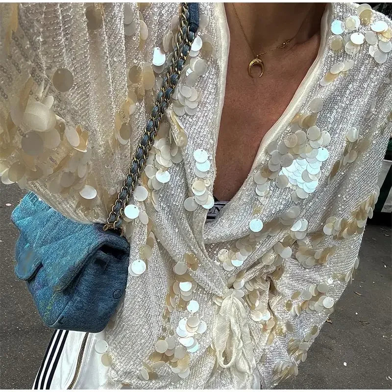 Fashion Sparkling Beaded Short Loose Jacket Elegant V Neck Long Sleeve Lace Up Cardigans 2025 Spring Female Elegant Streetwear