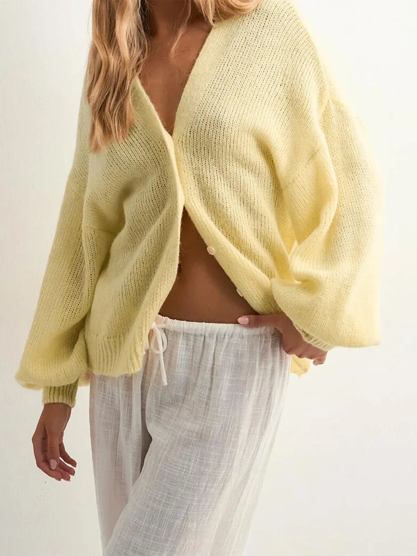 Stylish Women s Long Sleeve V Neck Button Down Knit Cardigan in Solid Color Loose Fit Sweater for Fashionable Look
