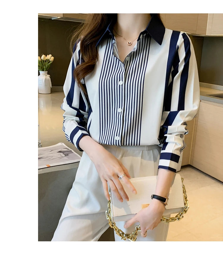 Women's Shirt Blue Striped Blouses for Women Long Sleeve Top Women Button Up Polo Neck Clothes Female 2023 Fashion Leisure Shirt