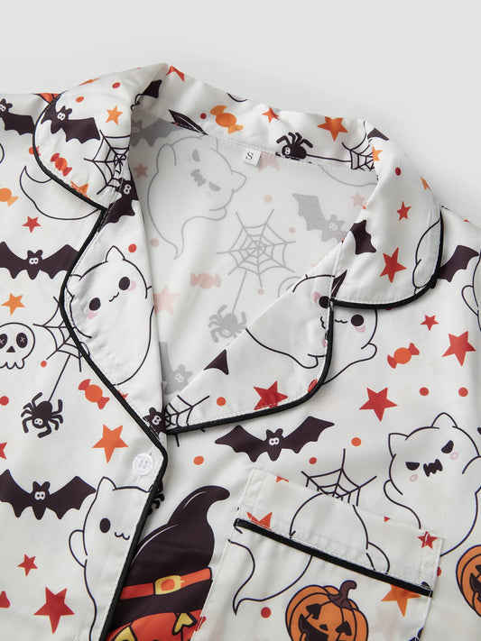 Women s Silk Pajama Sets with Spooky Halloween Prints Lapel V Neck Short Sleeve Tops and Pants Cozy Sleepwear for Fall