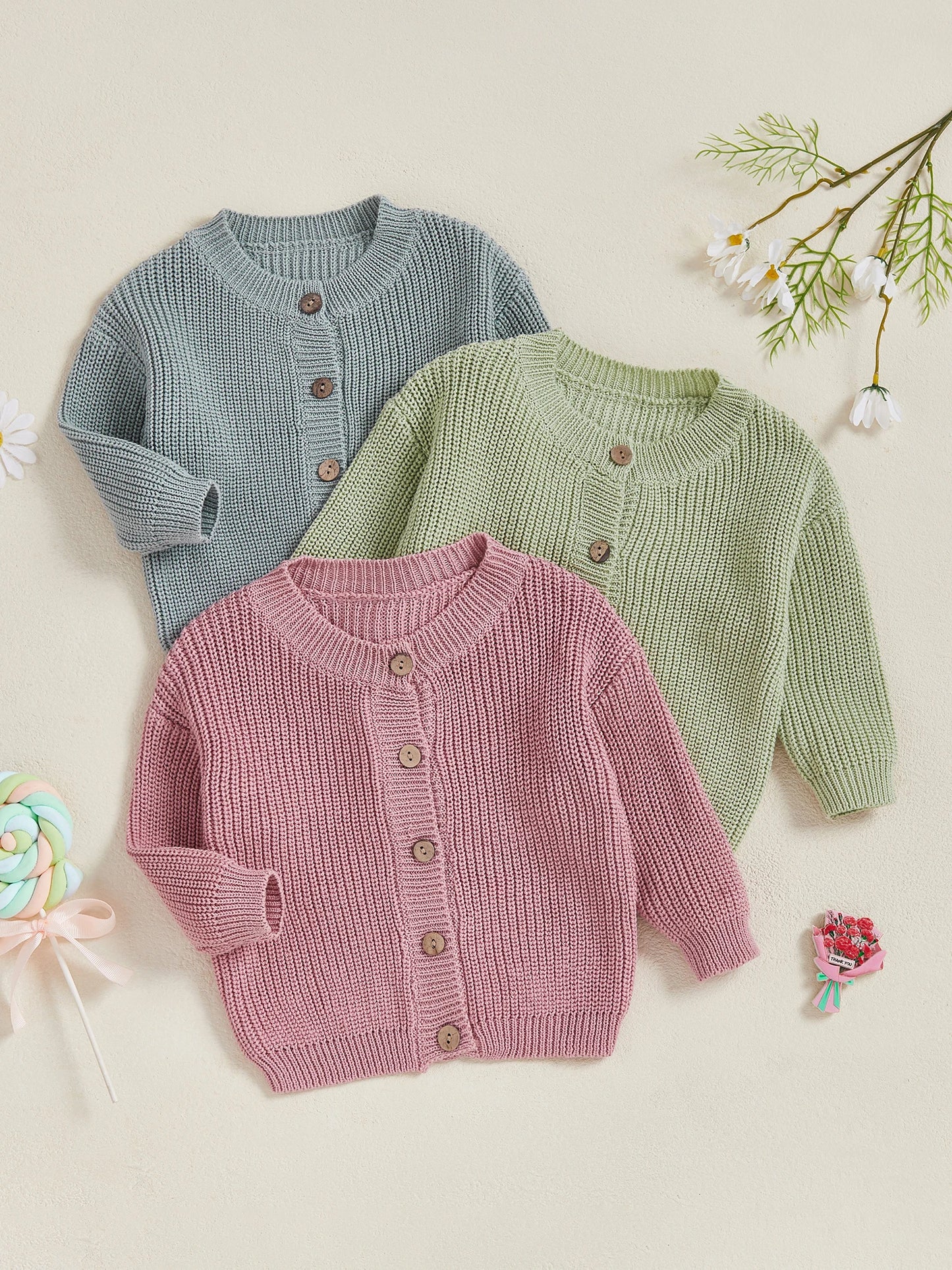 Girls Solid Color Knit Cardigan Sweater with Round Neckline and Button-Up Front Long Sleeves Casual Knitwear