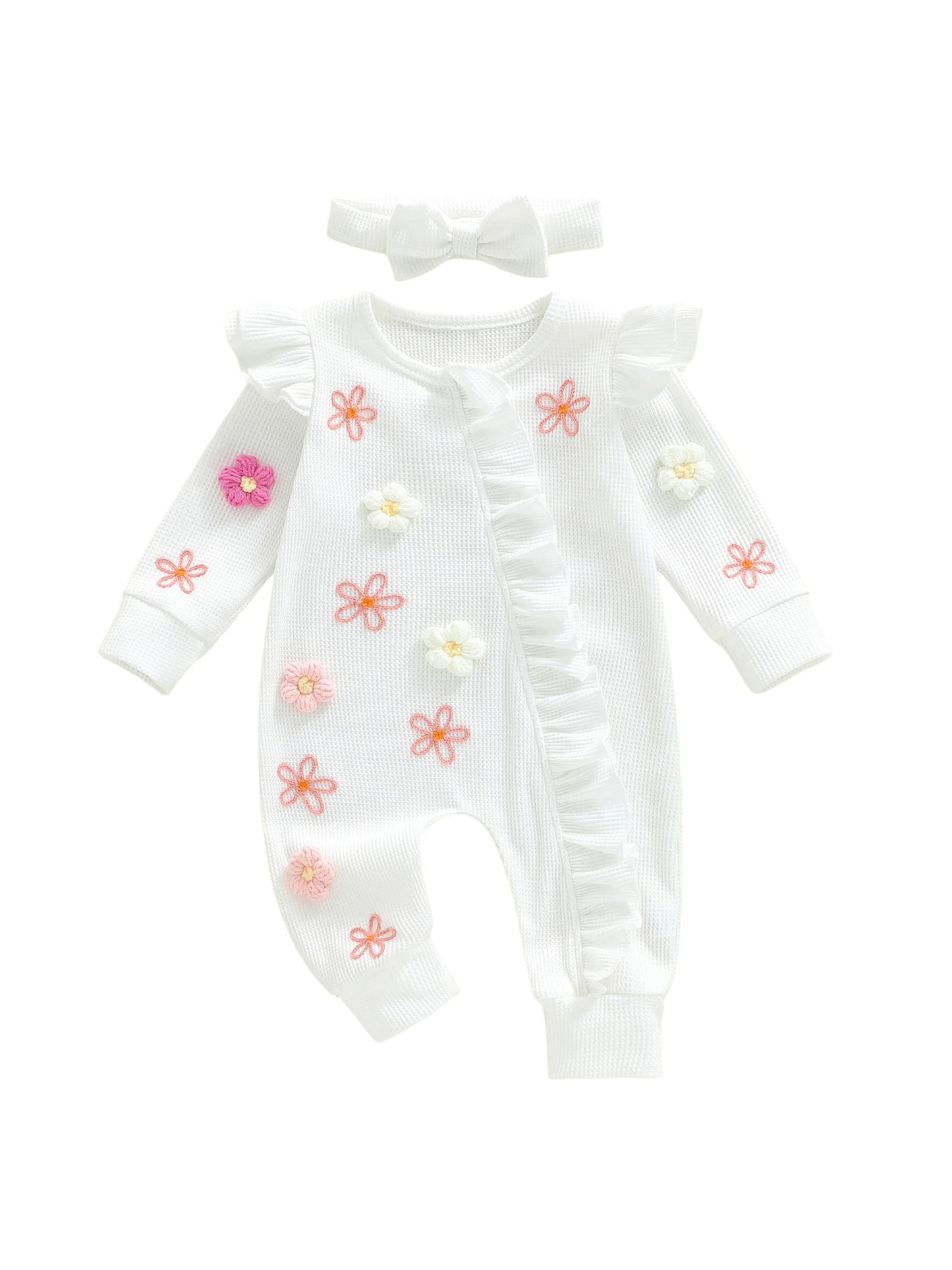 Toddler Girl 2-Piece Autumn Clothes Set Long Sleeve Round Neck Floral Print Romper with Matching Headband Outfit