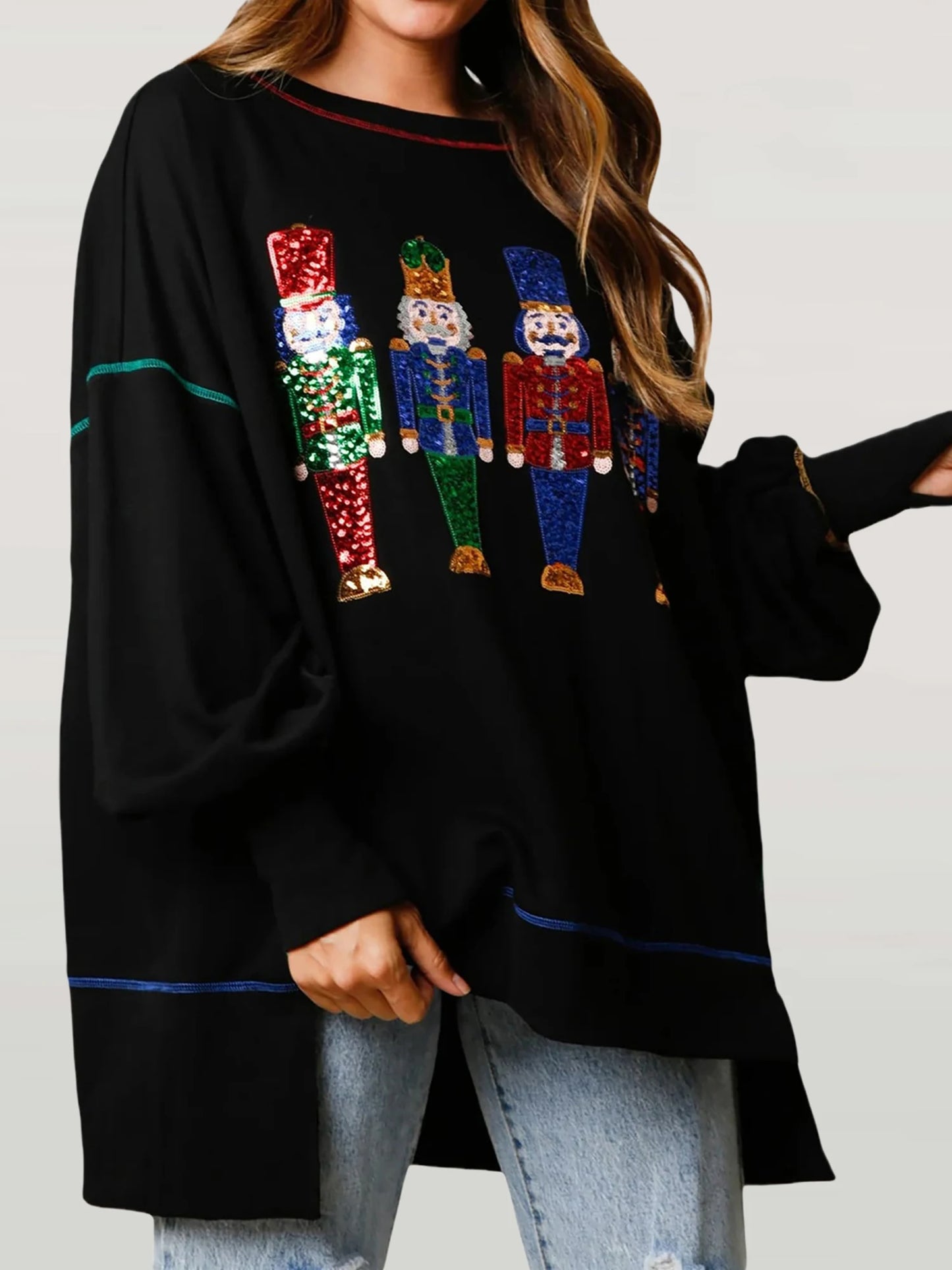 Women s Loose Sweatshirt Sequins Cartoon Person Crew Neck Long Sleeve Pullovers Fall Winter Casual Tops Shirts