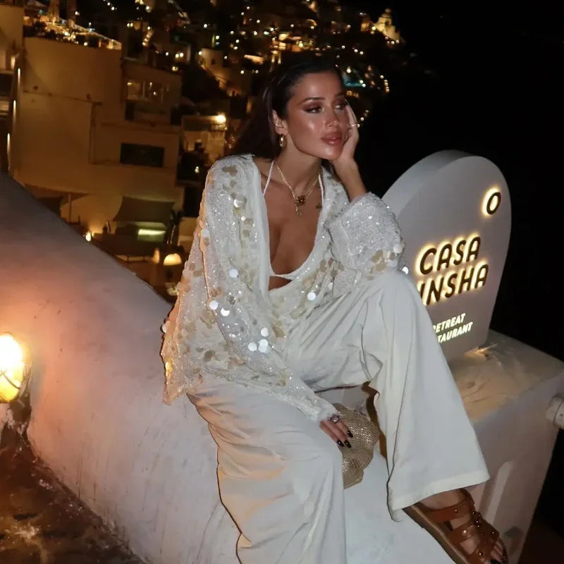 Fashion Sparkling Beaded Short Loose Jacket Elegant V Neck Long Sleeve Lace Up Cardigans 2025 Spring Female Elegant Streetwear