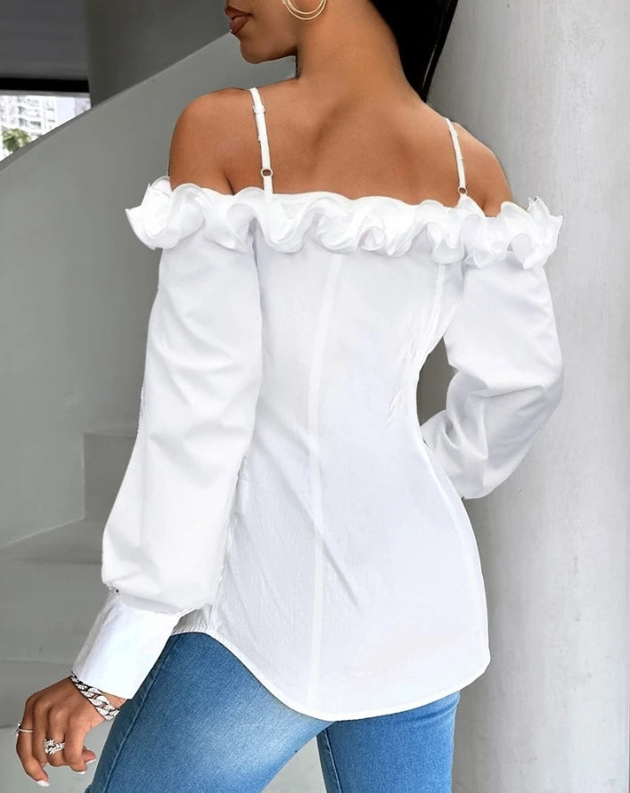 Elegant Women's Shirt 2024 Summer White Ruffle Hem Buttoned Off Shoulder Spaghetti Strap Long Sleeve Slim Fit Blouse Top