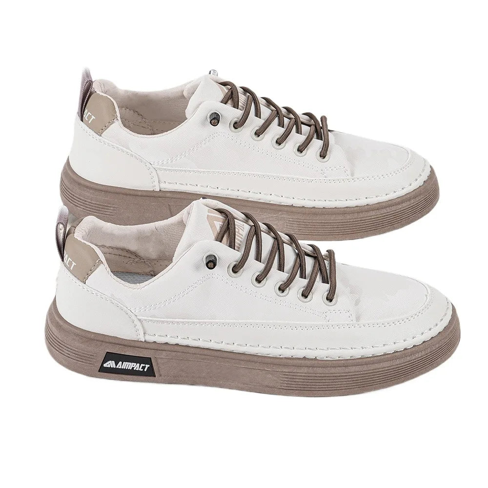 Beige Men's Punk Skate Shoes w/Leather/Canvas, Breathable Thick Platform for Streetwear & Casual Wear