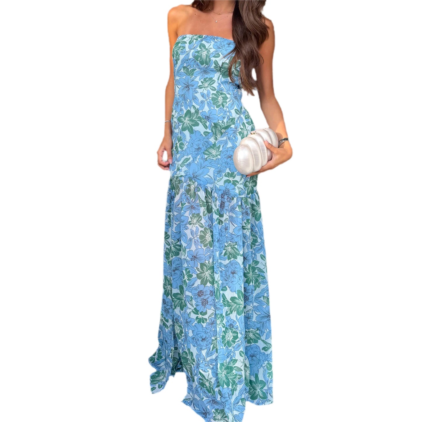 Elegant Off-Shoulder Maxi Dress with Boho Floral Print and Open Back Design for Summer Wedding Party Vacation Wear