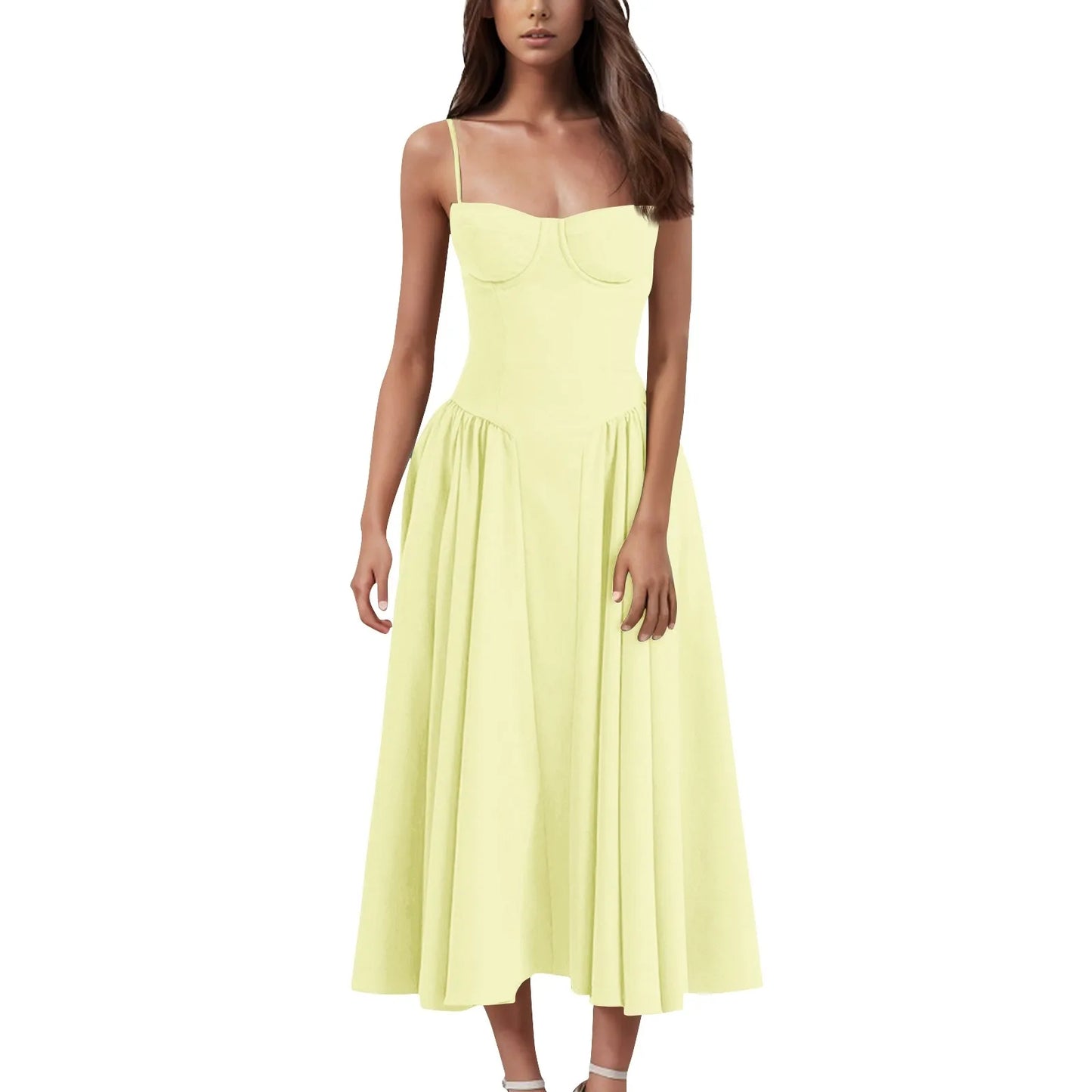 Women's Fashionable Solid Color Floral Retro Court  Dopamine Suspender Pocket Dress