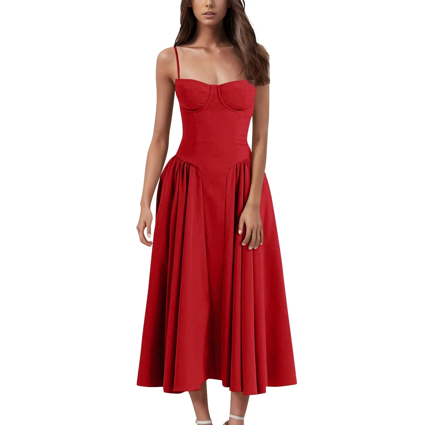 Women's Fashionable Solid Color Floral Retro Court  Dopamine Suspender Pocket Dress