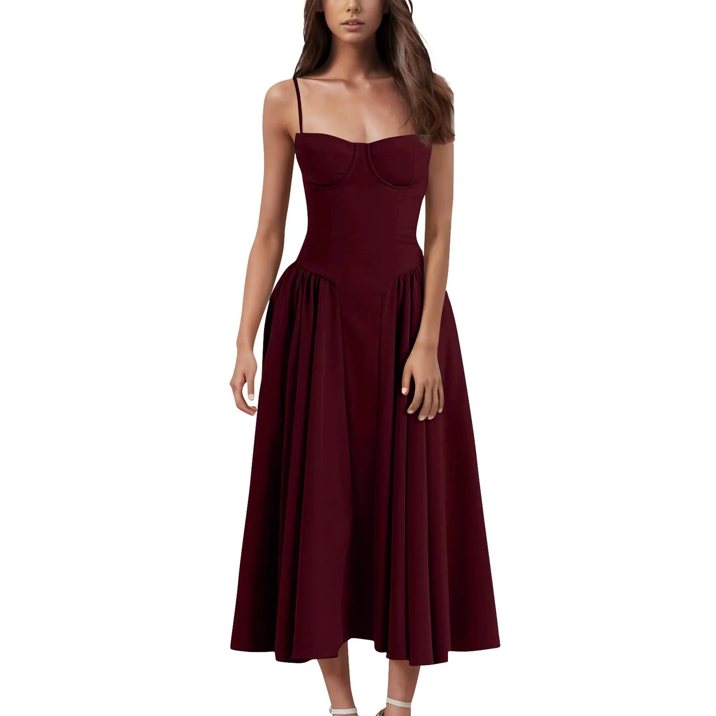 Women's Fashionable Solid Color Floral Retro Court  Dopamine Suspender Pocket Dress