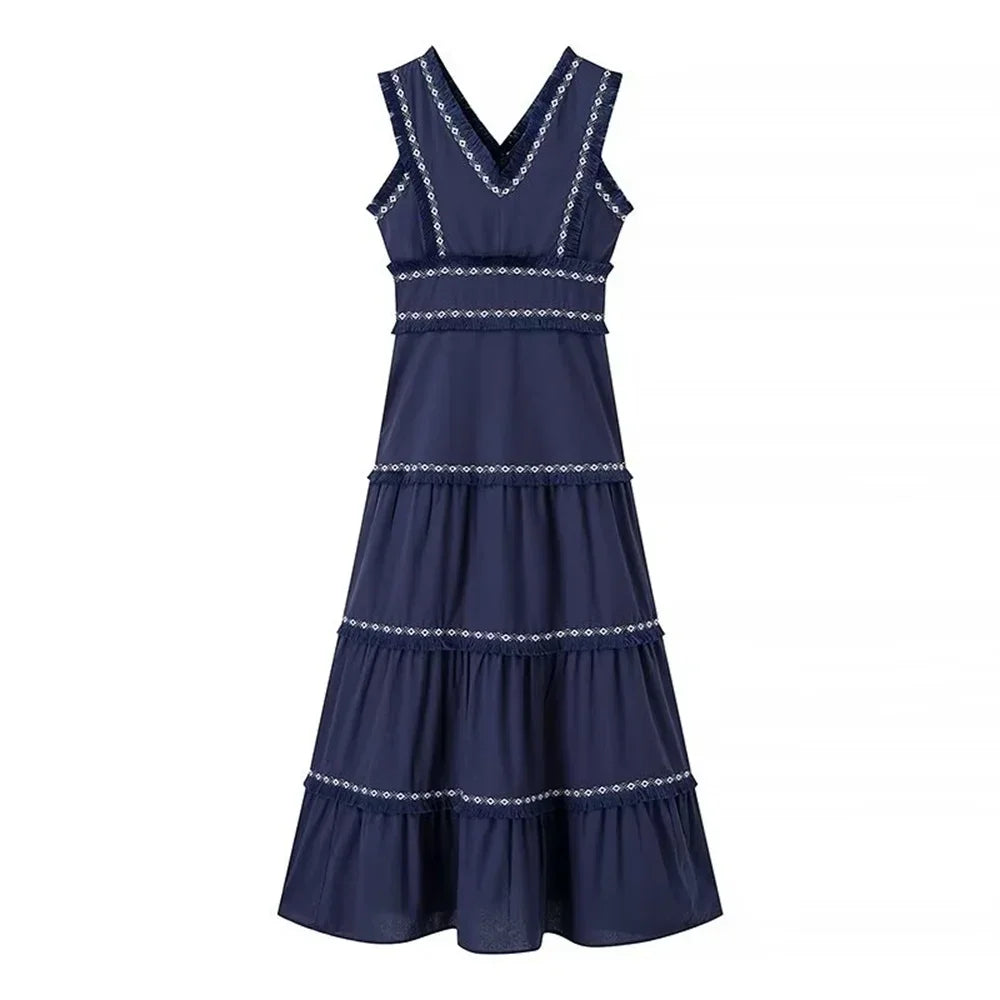 Summer New Product: Casual Women's Fashion V-neck Sleeveless Waist Collection with Tassel Decoration Dress