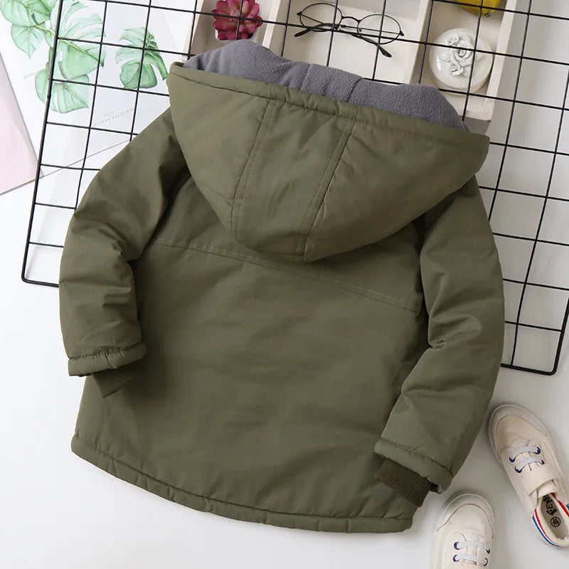 Autumn Winter Children Jacket For Boys Hooded Plus Velvet Thicken Warm Teenage Boy Outerwear Coat 4-14 Year Kids Parka