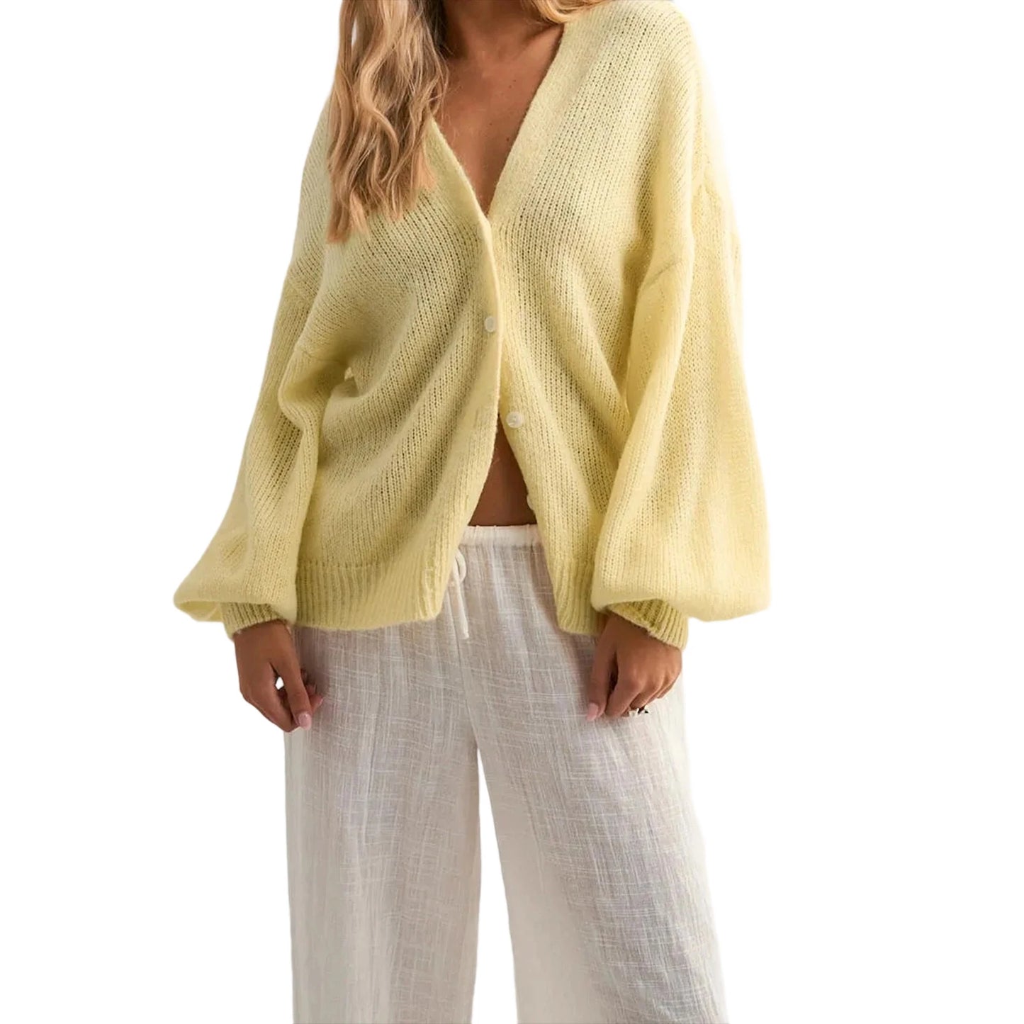 Stylish Women s Long Sleeve V Neck Button Down Knit Cardigan in Solid Color Loose Fit Sweater for Fashionable Look