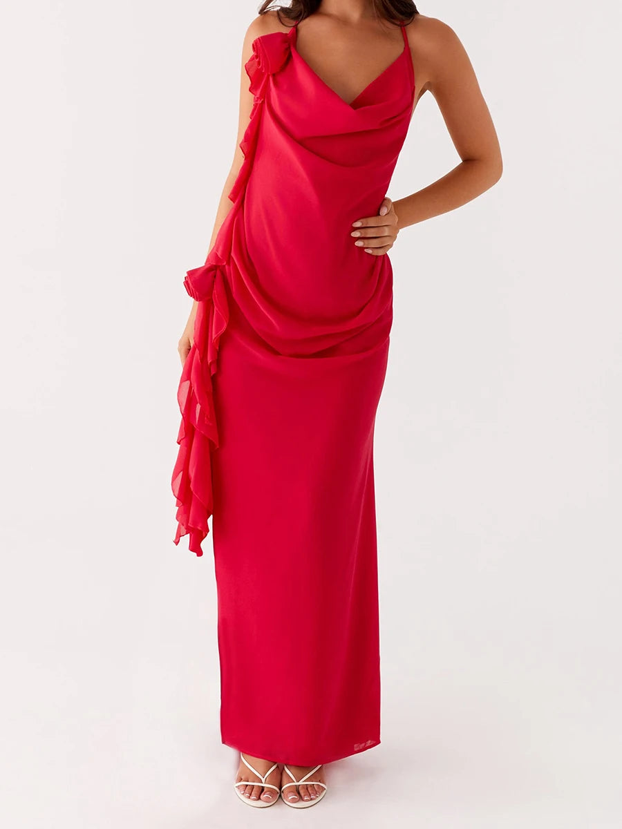 Elegant Lace Off-Shoulder Maxi Dress with Flounce Hem and Open Back Detail for Wedding Evening Prom Party Beach Cocktail