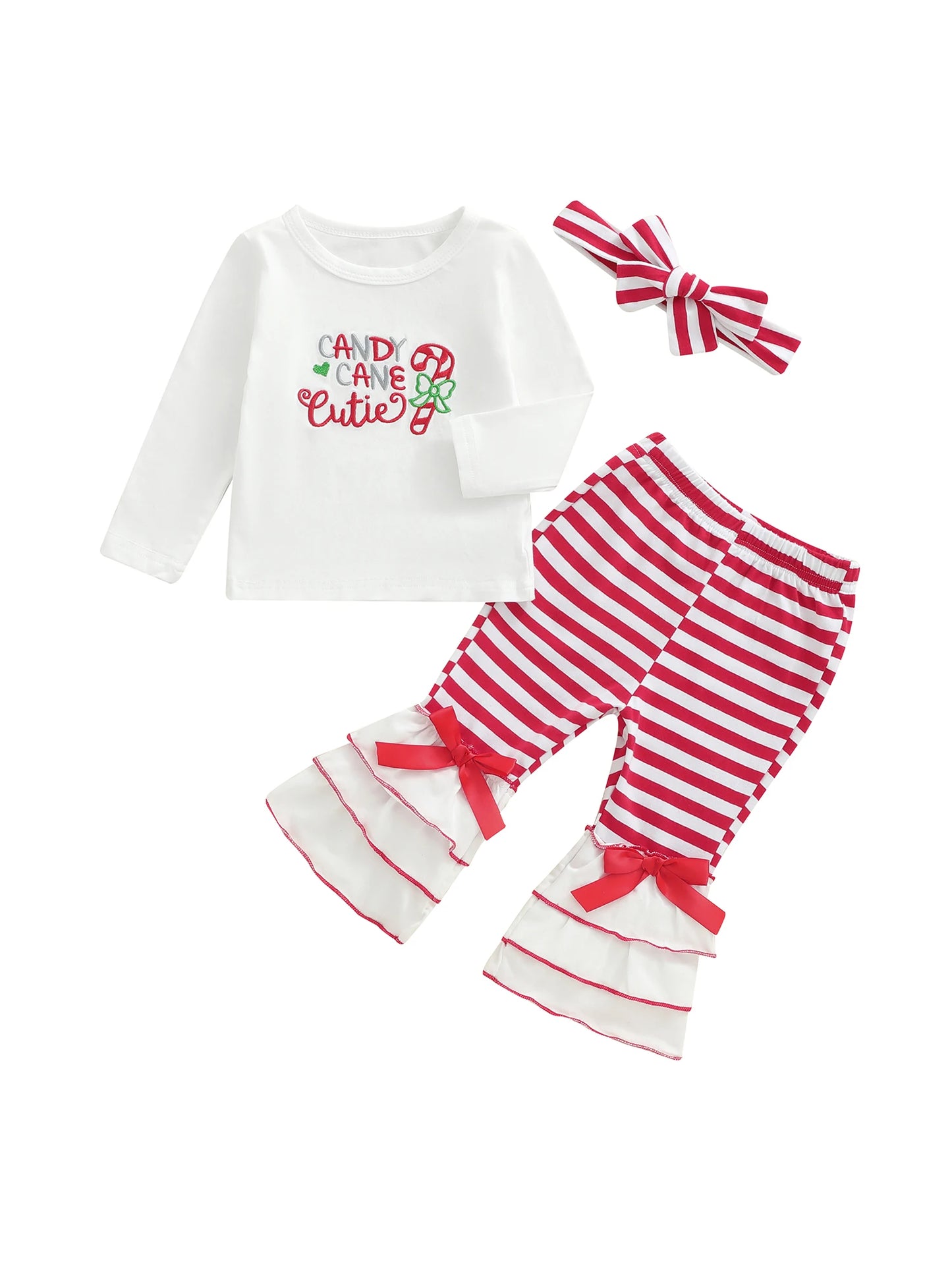 Girls Christmas Outfit Set Red Plaid Ruffle Sleeve Top and Pants with Bow Headband Holiday Clothes for Toddler Kids