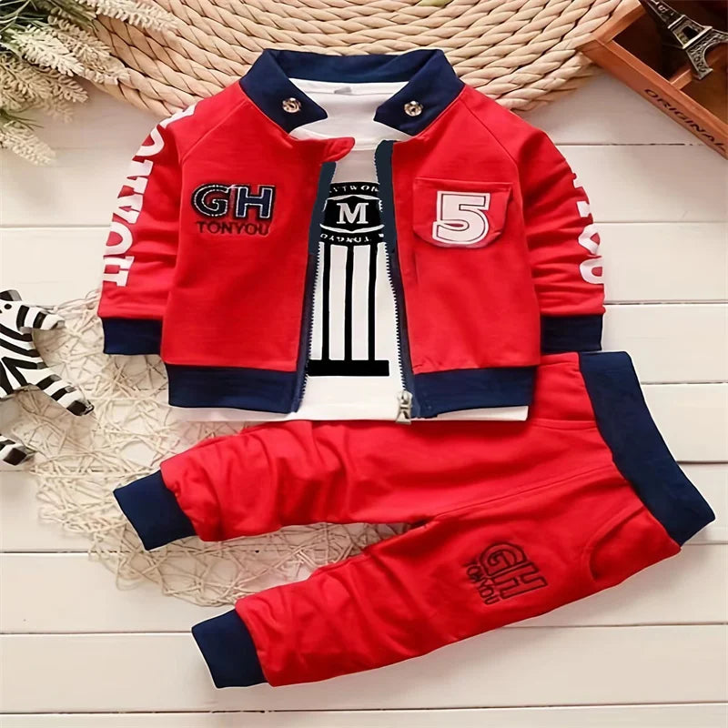 Autumn toddler boy 5th coat loose suit printed cotton long sleeve+printed V-neck letter zipper coat+casual sweatpants 3Pcs suit