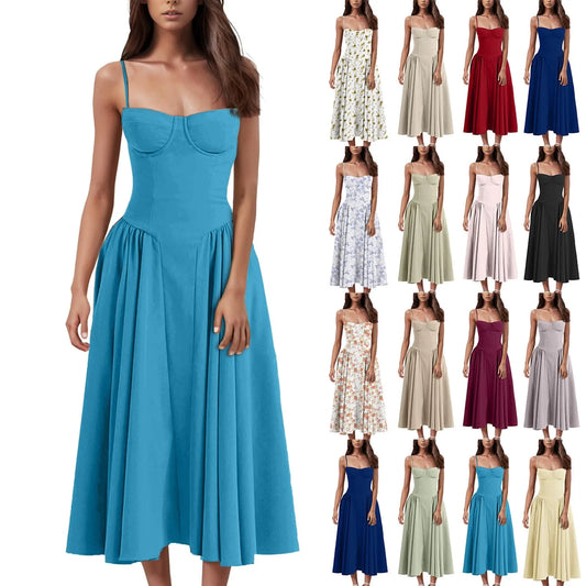 Women's Fashionable Solid Color Floral Retro Court  Dopamine Suspender Pocket Dress