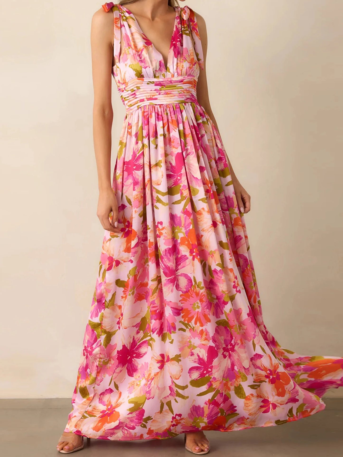 Elegant Maxi Dress with Boho Floral Print Stylish V-Neckline and Chic Tie-Up Shoulder Detail Perfect for Summer Casual Wear