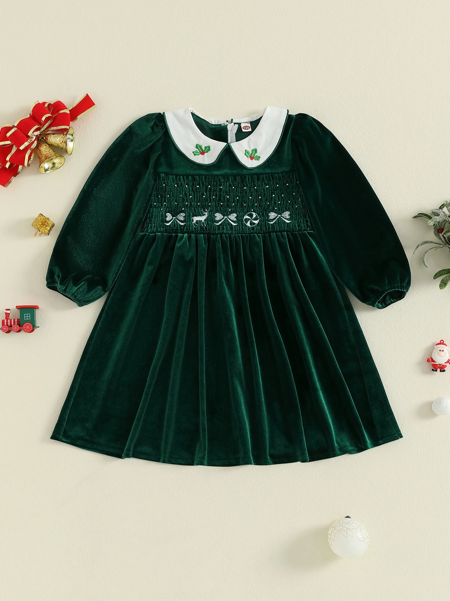 Toddler Red Plaid Christmas Dress with Bow and Reindeer Embroidery Smocked Long Sleeve Doll Collar Winter Outfit Adorable