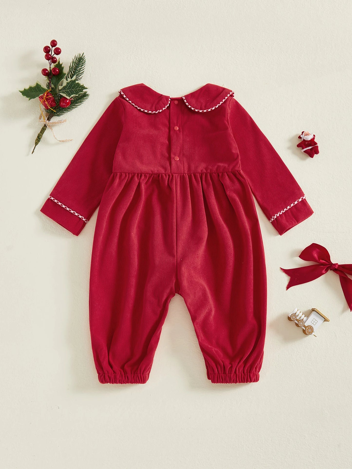 Infant Girls Winter Romper with Reindeer Embroidery and Ruffle Collar Cozy Long Sleeve  for Newborn Xmas Outfit