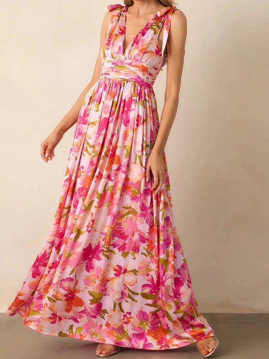 Elegant Maxi Dress with Boho Floral Print Stylish V-Neckline and Chic Tie-Up Shoulder Detail Perfect for Summer Casual Wear