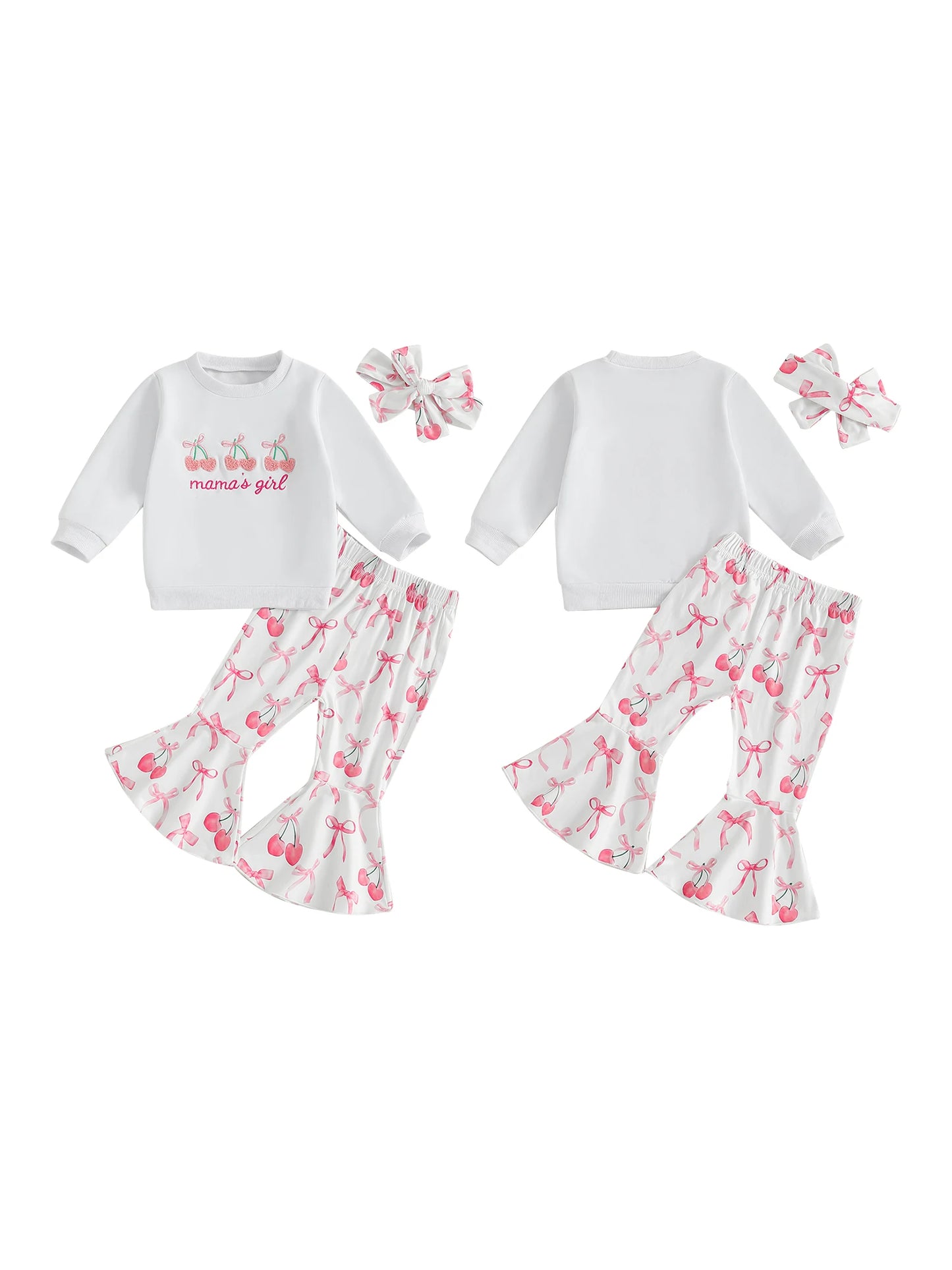Toddler Girls Adorable Clothing Set with Cherry Embroidery Sweatshirt Bow Print Flared Pants and Matching Headband - 3 Piece