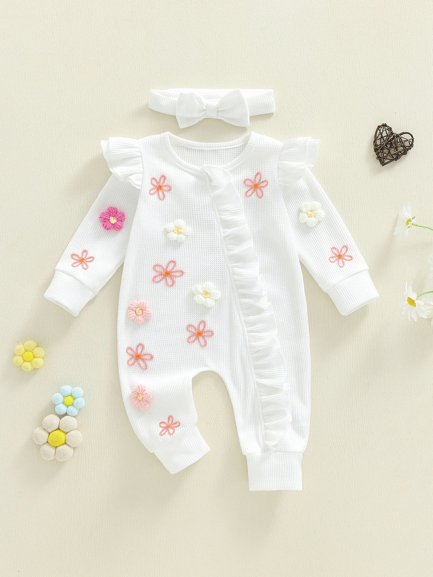 Toddler Girl 2-Piece Autumn Clothes Set Long Sleeve Round Neck Floral Print Romper with Matching Headband Outfit