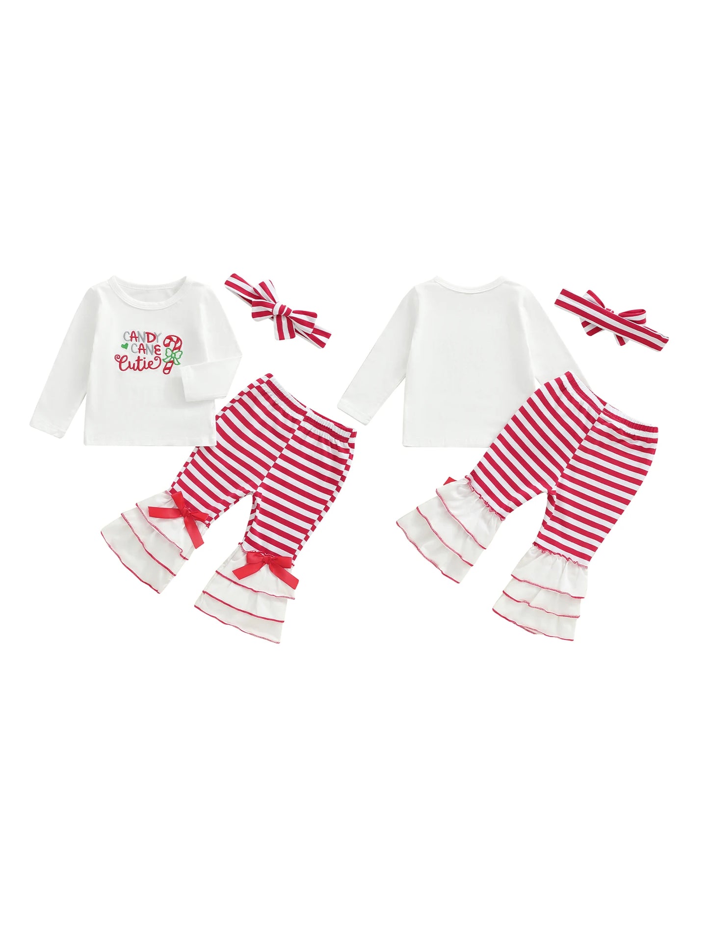 Girls Christmas Outfit Set Red Plaid Ruffle Sleeve Top and Pants with Bow Headband Holiday Clothes for Toddler Kids