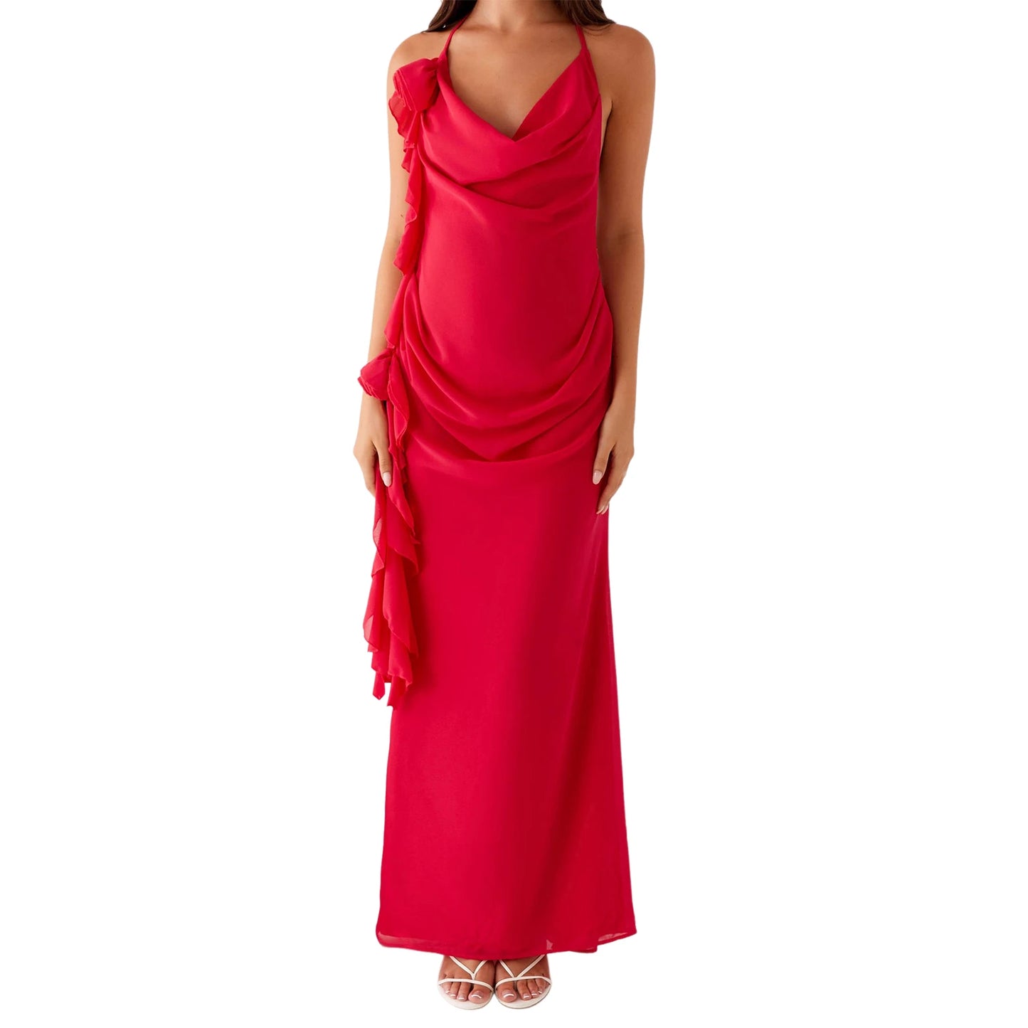 Elegant Lace Off-Shoulder Maxi Dress with Flounce Hem and Open Back Detail for Wedding Evening Prom Party Beach Cocktail