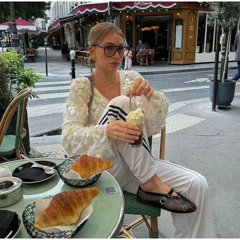 Fashion Sparkling Beaded Short Loose Jacket Elegant V Neck Long Sleeve Lace Up Cardigans 2025 Spring Female Elegant Streetwear