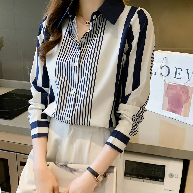 Women's Shirt Blue Striped Blouses for Women Long Sleeve Top Women Button Up Polo Neck Clothes Female 2023 Fashion Leisure Shirt