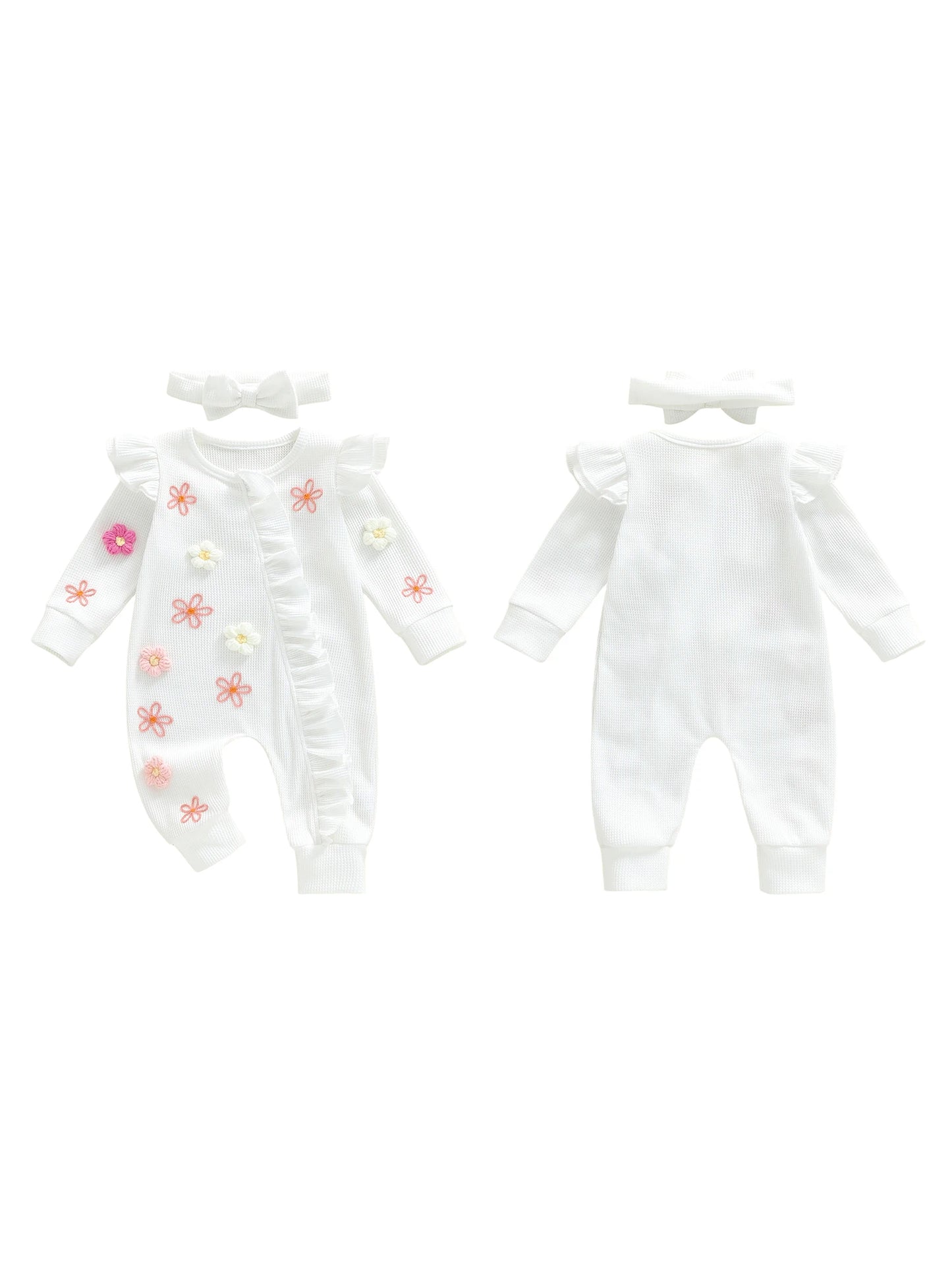 Toddler Girl 2-Piece Autumn Clothes Set Long Sleeve Round Neck Floral Print Romper with Matching Headband Outfit