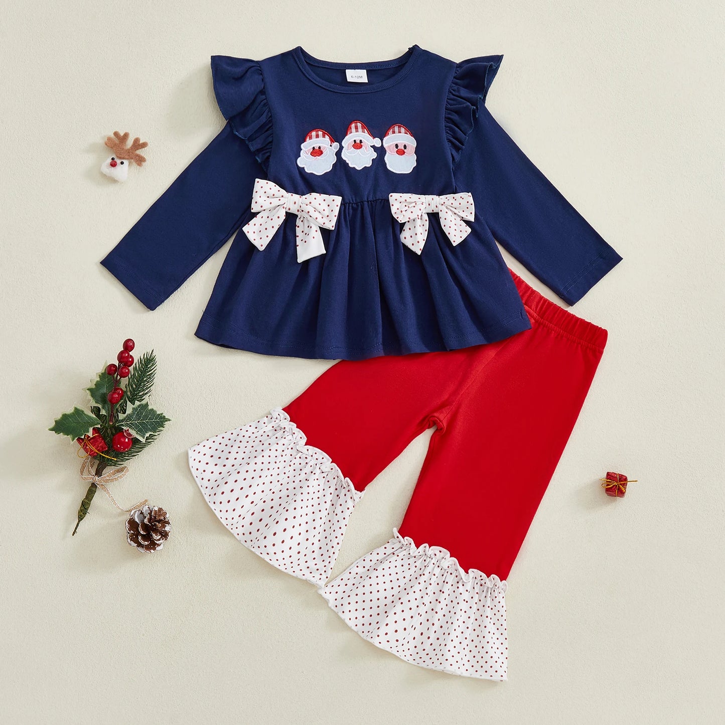Girls Christmas Outfits Red Plaid Ruffle Sleeve Top and Leggings Set with Reindeer Embroidery 2 Piece Holiday Clothes