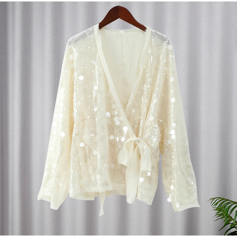 Fashion Sparkling Beaded Short Loose Jacket Elegant V Neck Long Sleeve Lace Up Cardigans 2025 Spring Female Elegant Streetwear