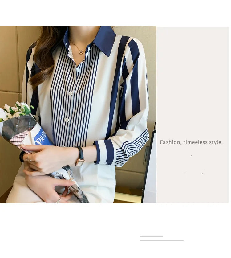 Women's Shirt Blue Striped Blouses for Women Long Sleeve Top Women Button Up Polo Neck Clothes Female 2023 Fashion Leisure Shirt