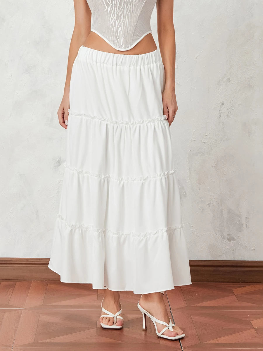 Women s Long Skirts Floral Print Solid Color Elastic Waist Skirts Spring Summer Big Swing Loose Casual Skirts