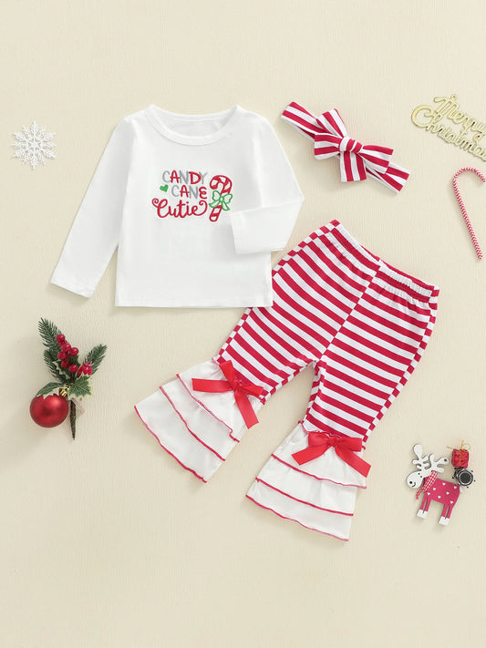Girls Christmas Outfit Set Red Plaid Ruffle Sleeve Top and Pants with Bow Headband Holiday Clothes for Toddler Kids