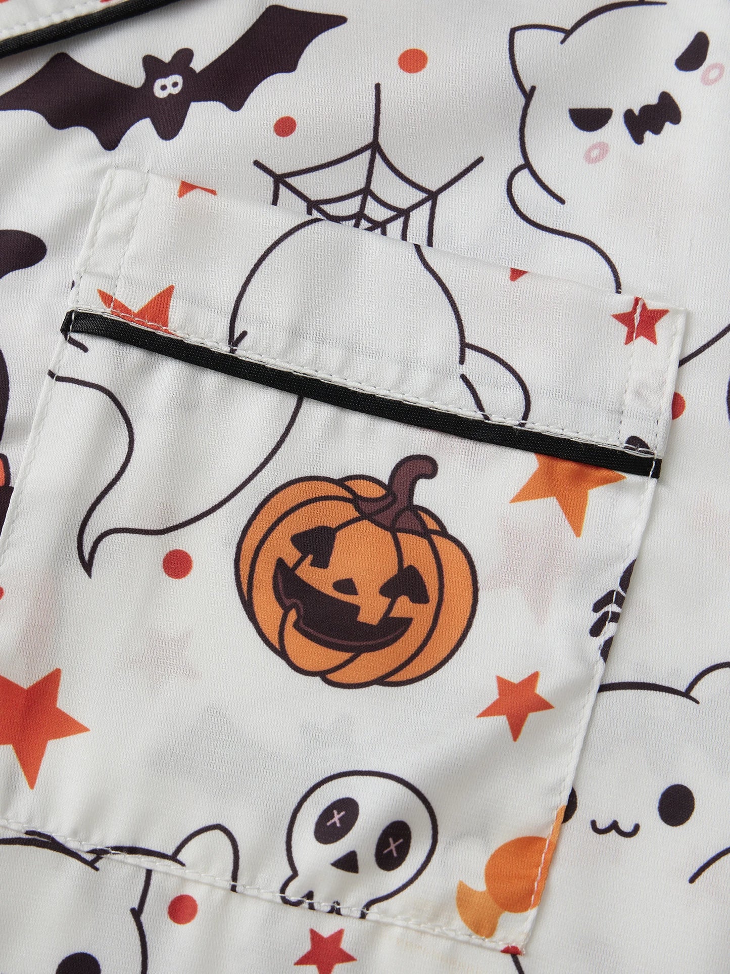 Women s Silk Pajama Sets with Spooky Halloween Prints Lapel V Neck Short Sleeve Tops and Pants Cozy Sleepwear for Fall
