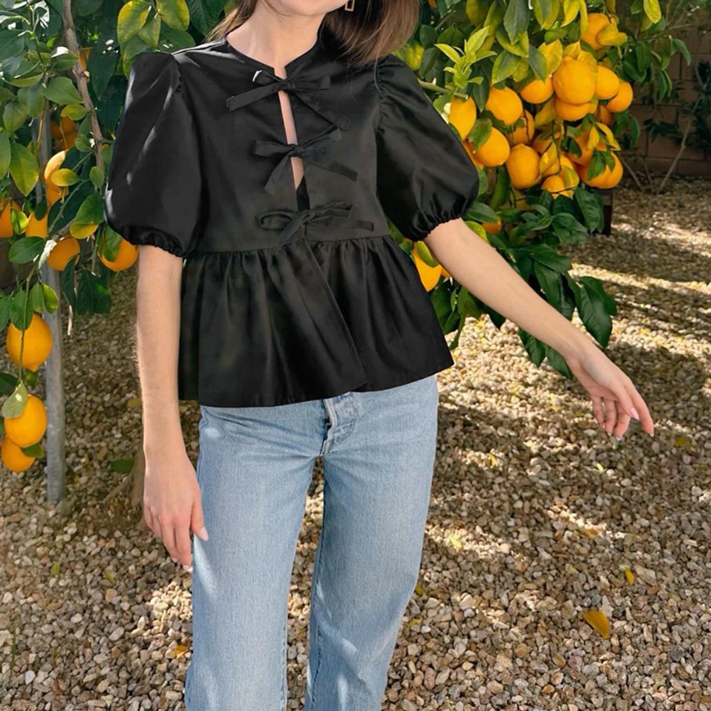 Fashion Women Y2k Peplum Shirt Puff Short Sleeve Lace Up Bow Blouse Tie Open Front Ruffle Hem Blouses Tops Streetwear