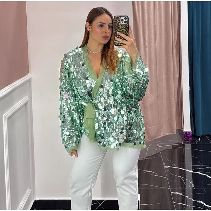 Fashion Sparkling Beaded Short Loose Jacket Elegant V Neck Long Sleeve Lace Up Cardigans 2025 Spring Female Elegant Streetwear