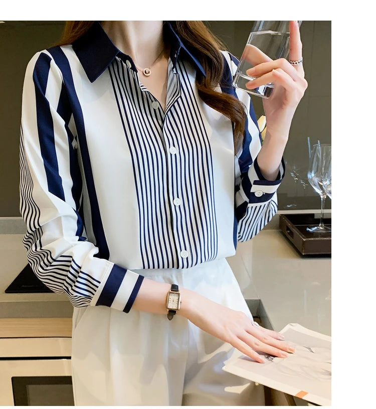 Women's Shirt Blue Striped Blouses for Women Long Sleeve Top Women Button Up Polo Neck Clothes Female 2023 Fashion Leisure Shirt