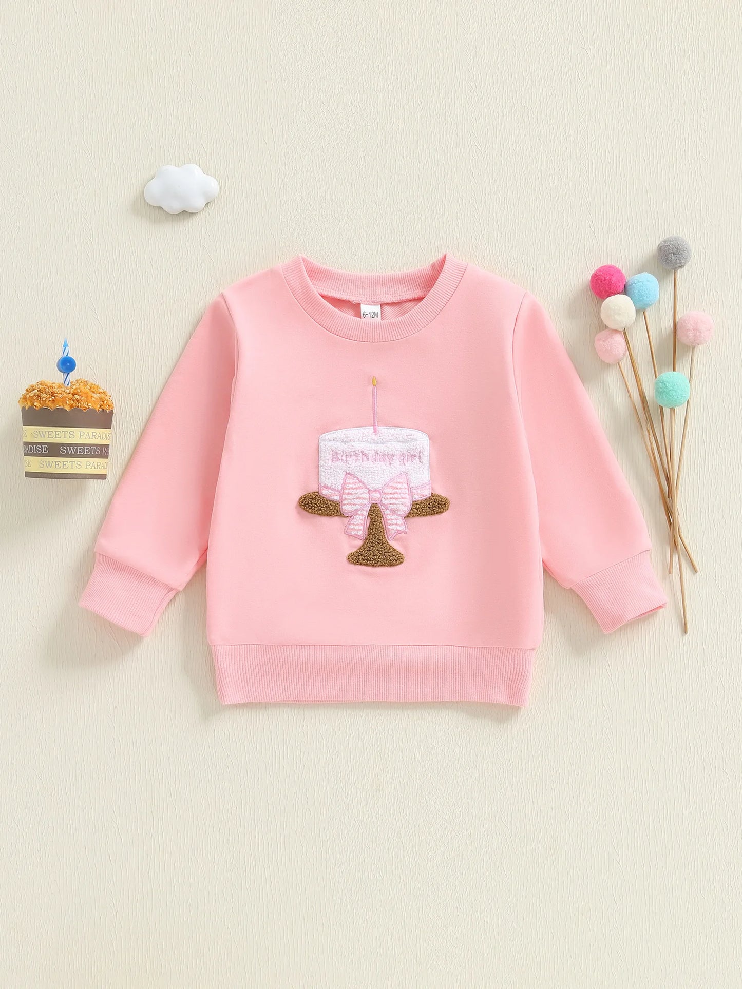 Adorable Infant Girls Birthday Hoodie Stylish Long Sleeve Cupcake Embroidered Round Neck Pullover Sweater Top