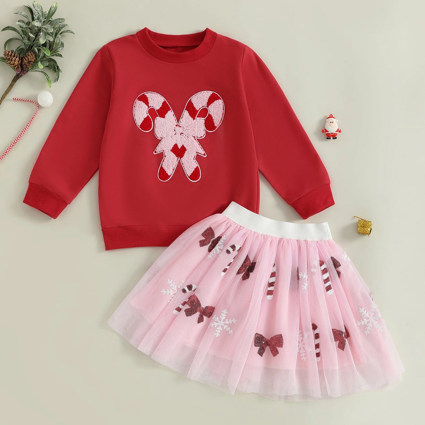 Adorable Infant Girl Outfit Long Sleeve Candy Cane Embroidery Sweatshirt with Tutu Skirt Set - Perfect for Christmas