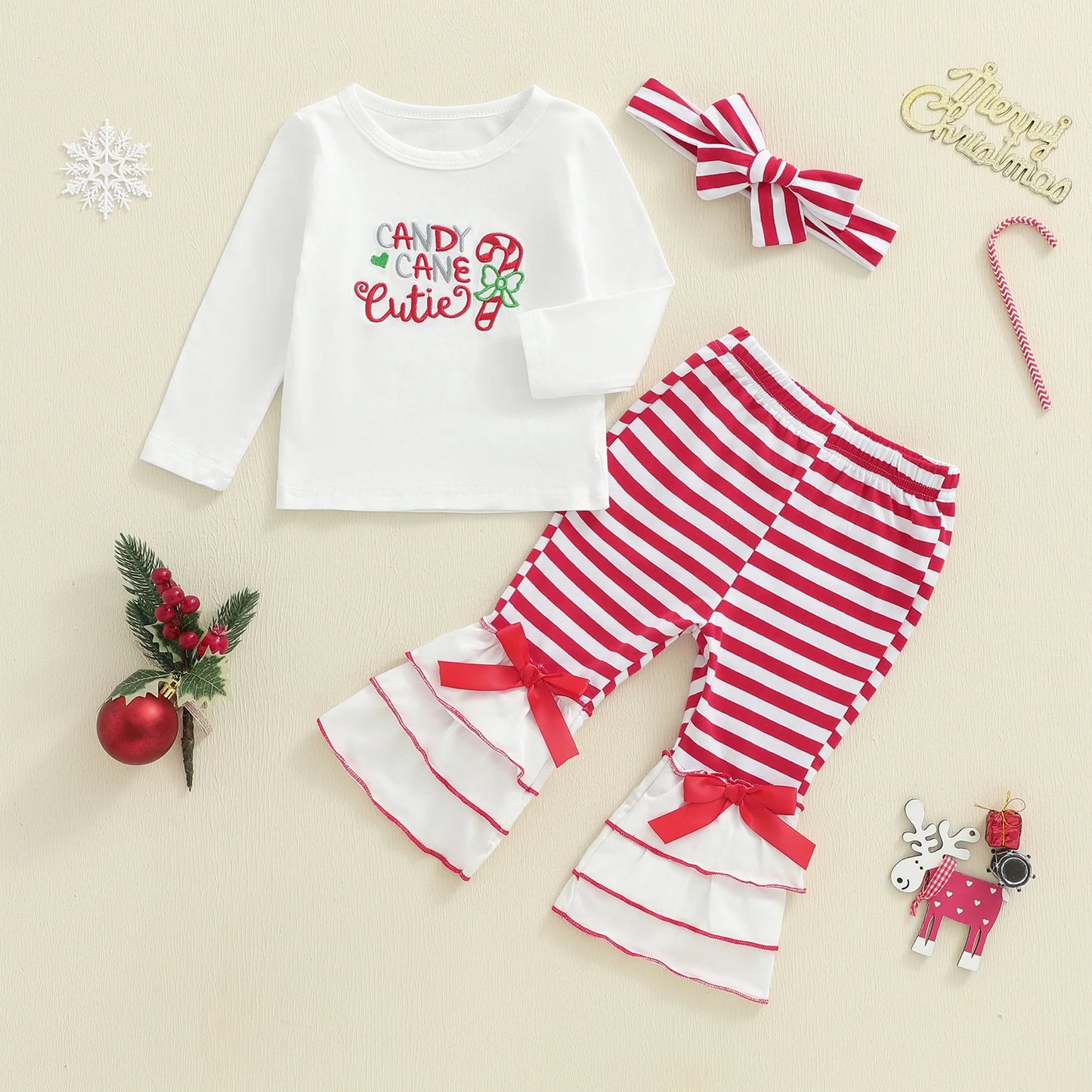 Girls Christmas Outfit Set Red Plaid Ruffle Sleeve Top and Pants with Bow Headband Holiday Clothes for Toddler Kids